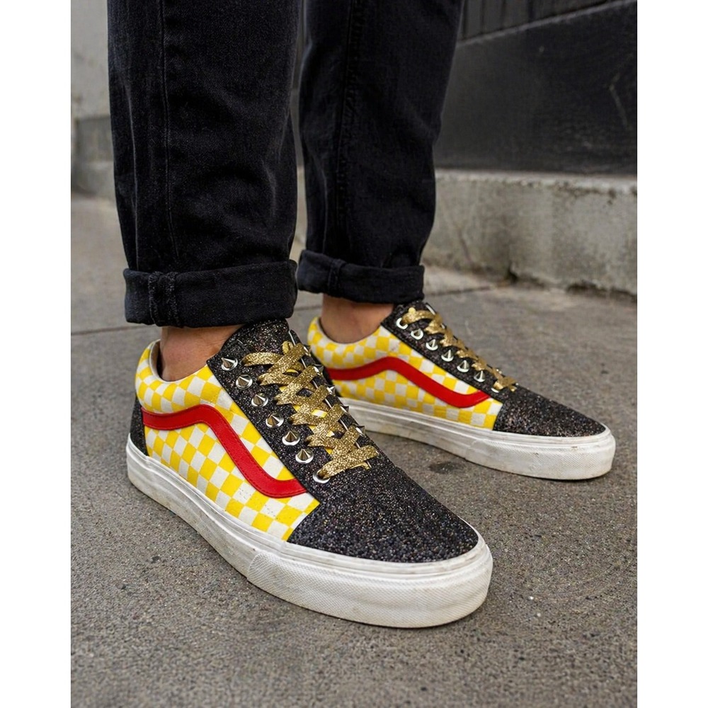 Vans Mens Shoes Sz 12 US 46 EU Yellow Red Gold Glitter Studs Checkerboard White